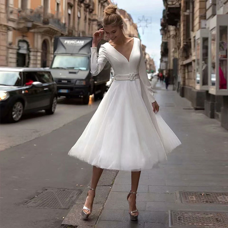 Vestido de novia corto europeo y americano para comercio exterior, Amazon, AliExpress, vestido de noche sexy con cuello en V y mangas largas (cinturón no incluido)
