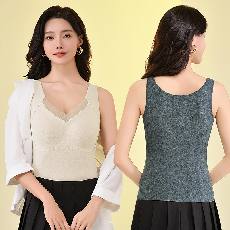 Ropa interior térmica de terciopelo de grafeno de otoño e invierno para mujer, sujetador sin uso, copa fija, base, chaleco térmico cepillado de doble cara para mujer