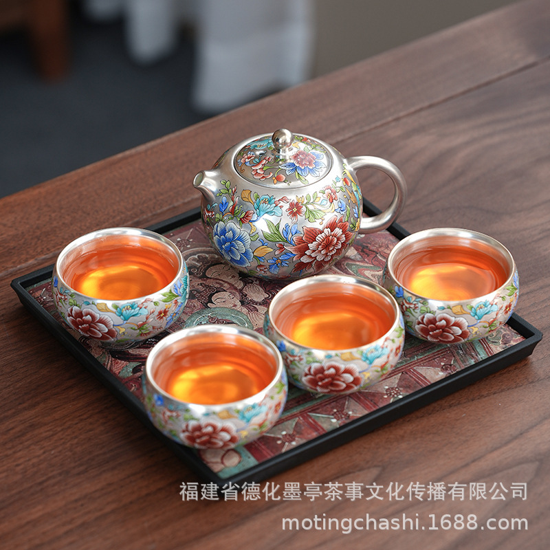 国色天香鎏银茶具旅行功夫套装一壶四杯高端轻奢茶壶礼盒中秋乔迁|undefined