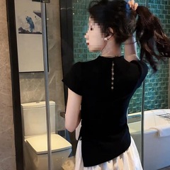 クロスボーダー小柄ニット半袖レディースTシャツ2025新作夏シック不規則ハーフタートルネックウエスト