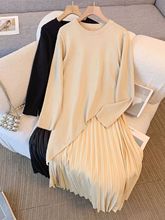 UNMUN不规则拼接假两件连衣裙女春秋大码胖mm设计感针织拼接百褶