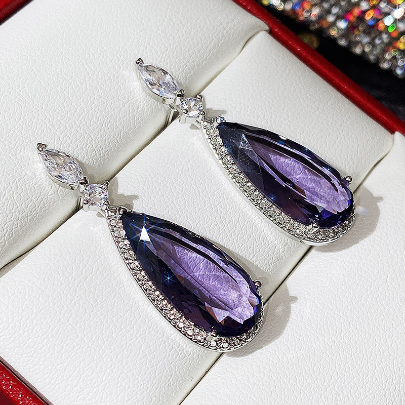 Classic Water Micro-set Purple Zircon Contrast Color Long Copper Earrings Wholesale display picture 5