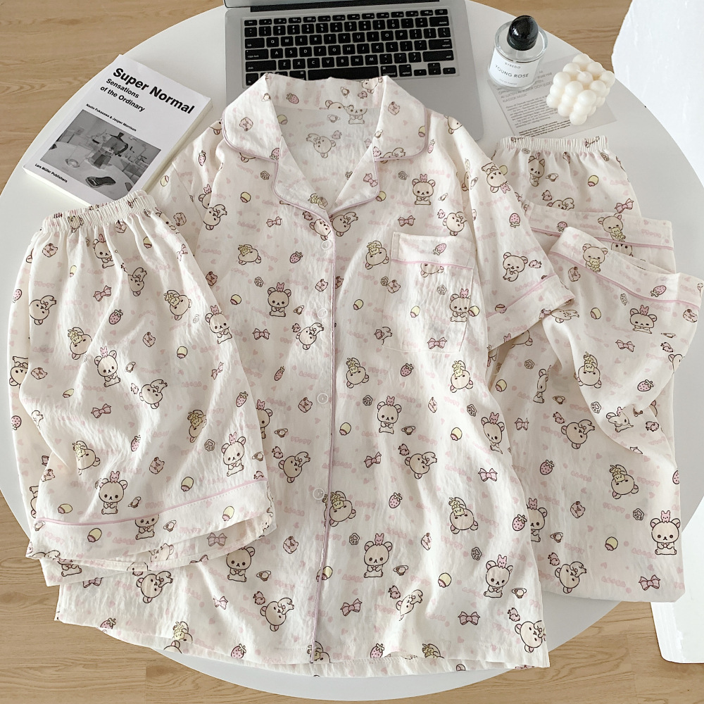 Al por mayor transfronterizo de tres piezas nubes algodón pijama cardigán con solapa mangas cortas pantalones cortos de dibujos animados a cuadros ropa para el hogar