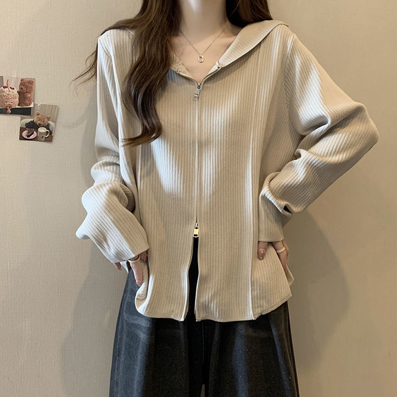 더블 지퍼 후드 가디건 스웨트 봄과 가을 얇은 새로운 느슨한 플러스 사이즈 디자인 틈새 후드 긴 소매 탑