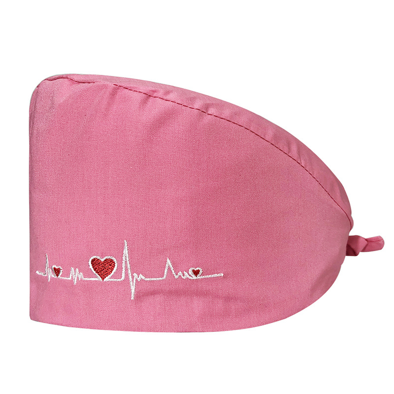 Gorro de Médico de Color Sólido en Poliéster y Algodón, Gorro Médico con Bordado de ECG, Gorro de Trabajo para Cola de Caballo Corta, Gorro Floral en Stock