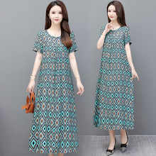 胖妈妈连衣裙夏装宽松遮肚200斤加肥加大码中老年女装碎花棉绸裙