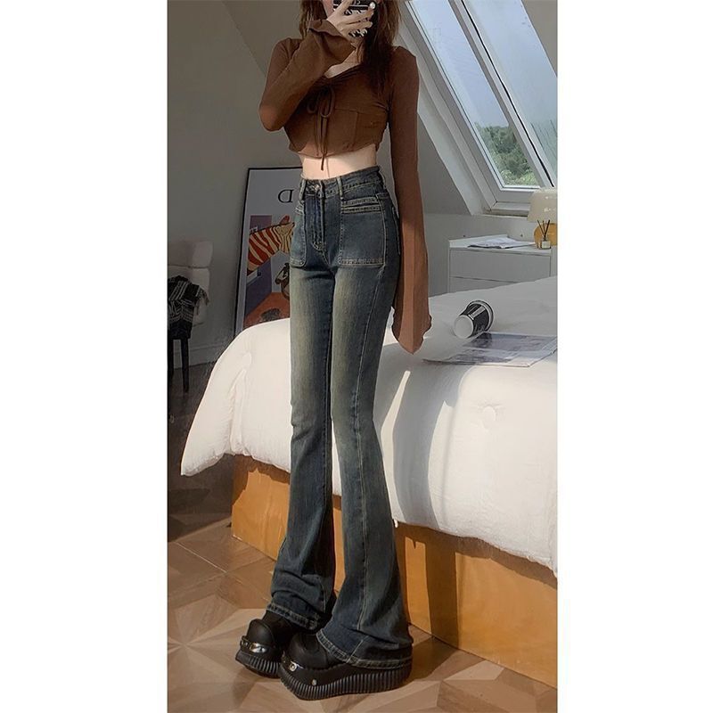 复古水泥灰微喇牛仔裤女高腰2025秋季新款弹力紧身显瘦拖地喇叭裤|undefined
