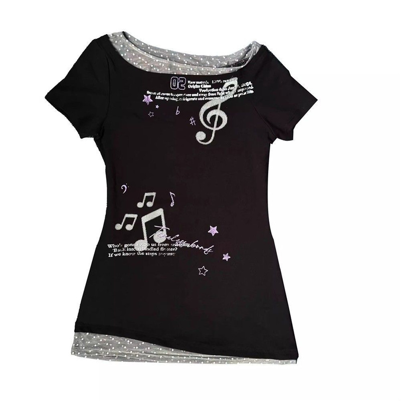 [260g Rayon Modal] Summer Slimming Look Fake Two-Piece Casual Slope Collar Off-Shoulder Printed Top Ins