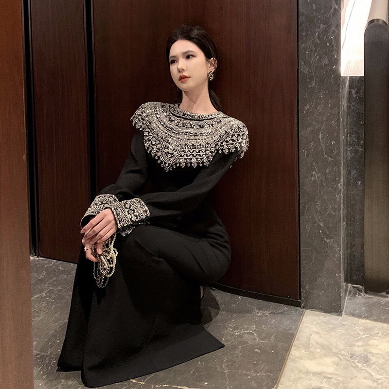 Regal Style New Elegant Feminine Ethnic Style Heavy Beaded Long Sleeve Party Evening Dress Regal Style New Elegant Feminine Ethnic Style Heavy Beaded Long Sleeve Party Evening Dress
