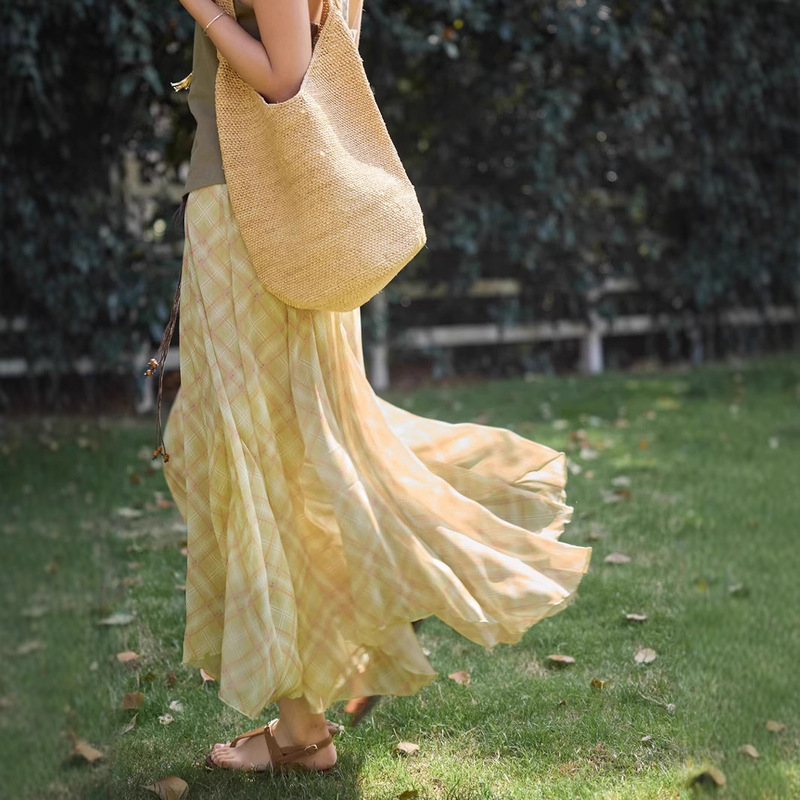 Solighter French Plaid Asymmetrical Skirt Women's Draped Long Skirt