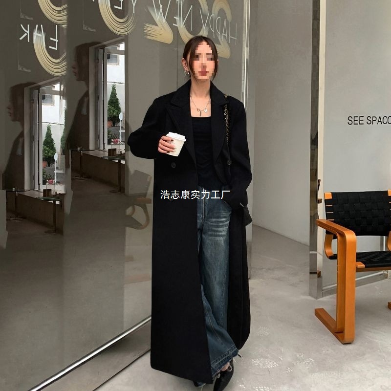 毛呢大衣女韩系新款加长赫本风长款感高个子加厚黑色呢子外套