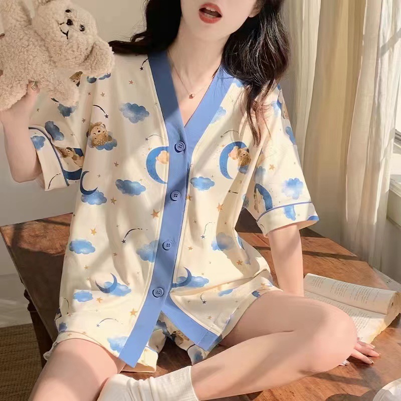 Pijamas de verano de las mujeres nuevo cardigan pantalones cortos de manga corta lindo estilo Chanel desgaste al aire libre desgaste del hogar del verano traje de dos piezas