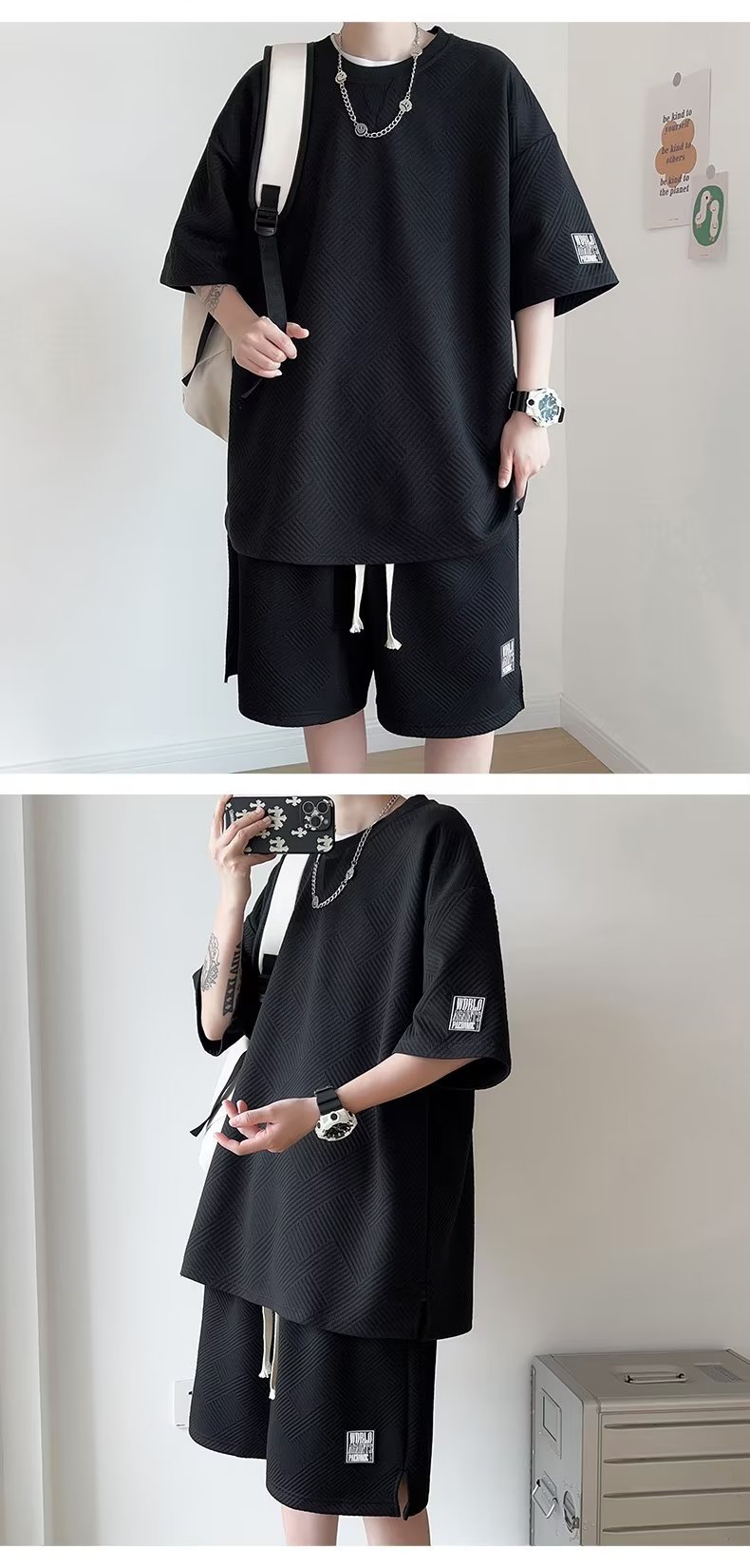 Ice Silk Waffle Short Sleeve T-Shirt Set for Boys And Teenagers Summer Casual Sports Shorts Stylish Outfit Regular Fit Micro-Elastic_viptrois.com