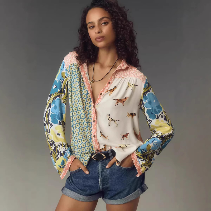 2025 Amazon Aliexpress Temu New Spring and Summer Printed Lapel Long-Sleeved Shirt for Women with Fashionable and Fresh Style