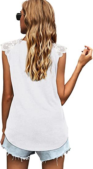 Abbigliamento da donna 2024 T-shirt canotta allentata in pizzo patchwork da donna estivo 2024 con maniche volanti_voghion.com