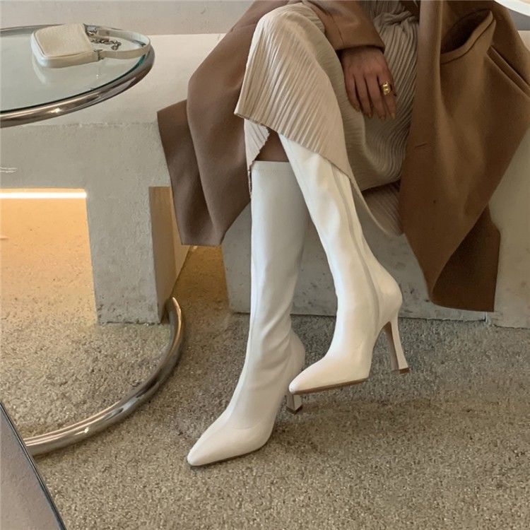 Look ~ export Korea! White Long Boots High Heel Elegant Knight Boots Stretch Boots