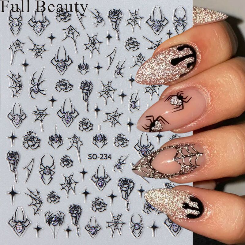 Cross-border Halloween nail art stickers wholesale ins glitter love spider web star rose dark adhesive decal