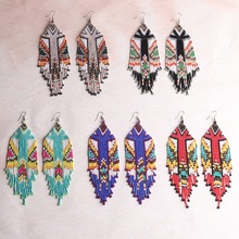 欧美跨境波西米亚长流苏耳环几何手工串珠编织女士耳环厂家批发
