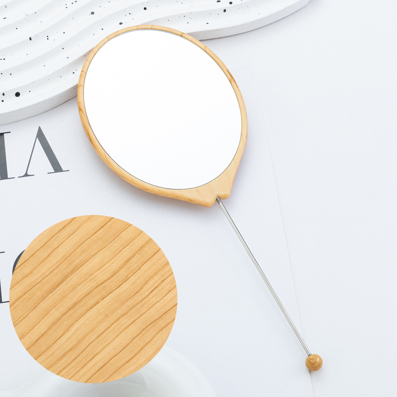 Nuevo espejo de grano de madera ovalado con cuentas de bricolaje, espejo de maquillaje de mano, espejo de tocador de una cara, espejo pequeño portátil de plástico