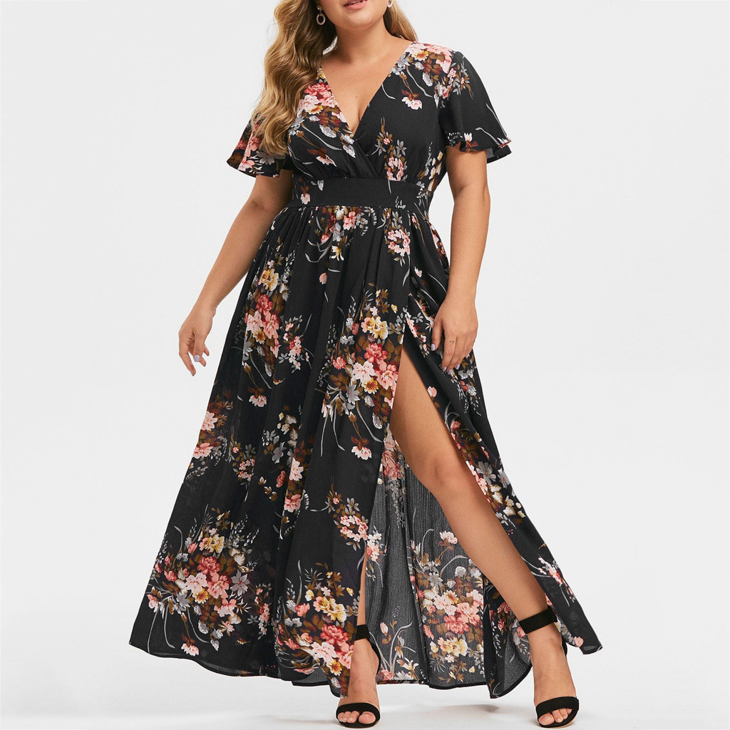 2026 European and American cross-border women's dress summer new style plus size long printed hem slit short sleeve dress