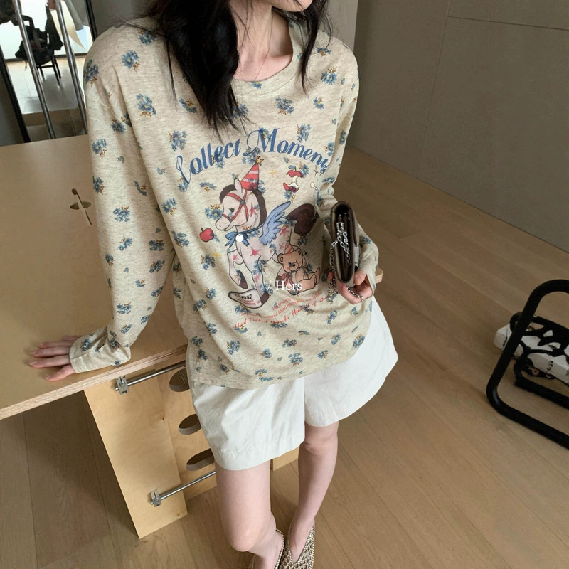 Hers Sweet Summer Fun Dreamy Pony Print Versatile Slimming Round Neck Sun Protection Long Sleeve T-Shirt for Women 80628