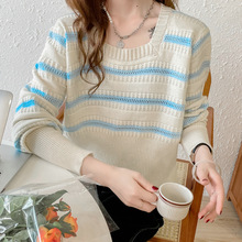 实拍韩国东大门2025春装新款慵懒风套头方领条纹针织毛衣女上衣