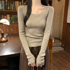 秋冬新款韩版修身气质U领情感百搭针织衫毛衣打底长袖纯欲上衣女