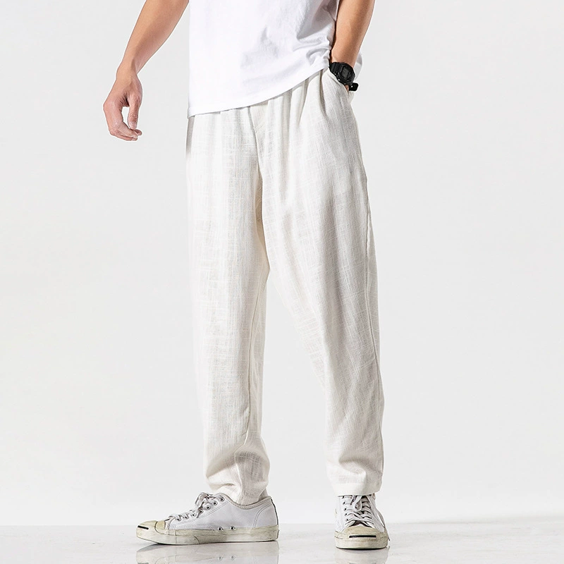 2025 Большие размеры, льняные шаровары в китайском стиле, повседневные брюки из хлопка и льна, дышащие, свободные, прямые, однотонные, оптовая продажа.