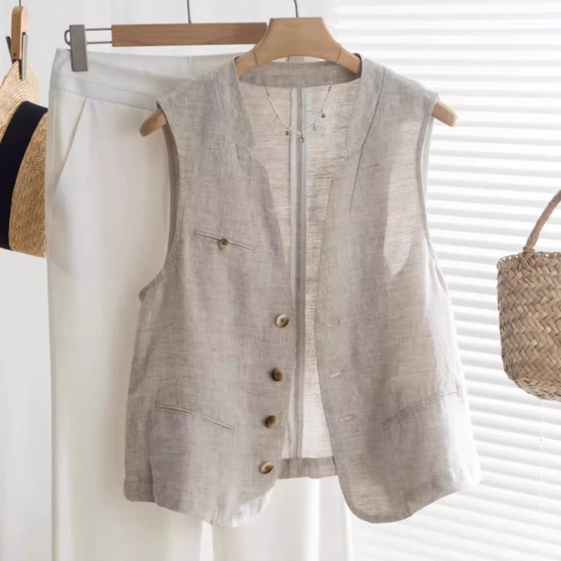 Vintage Artistic British Style Sleeveless Linen V-neck Suit Vest Women's 2024 Summer New Fashionable Coat Top