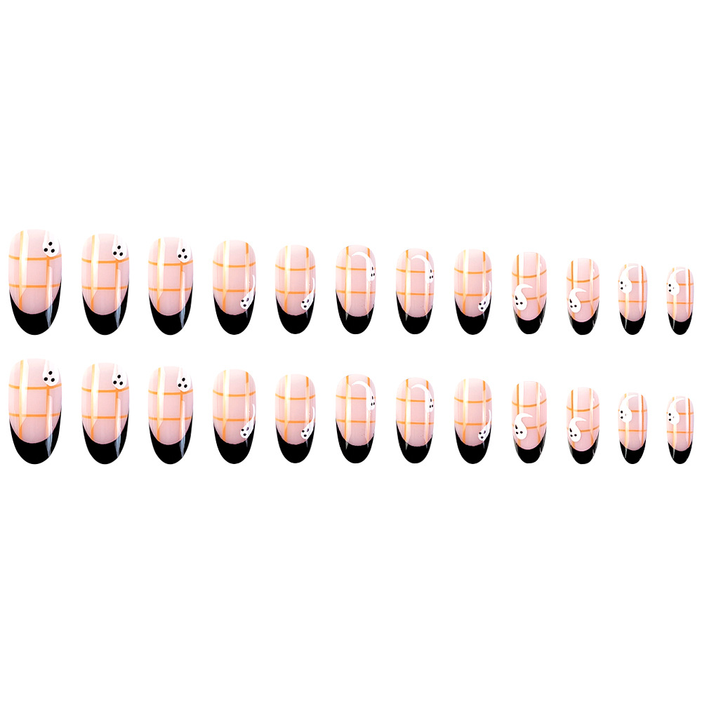 Negro estilo francés almendra cabeza redonda Plaid fantasma manicura atmósfera universal desgaste pieza de uñas parche de uñas falsas