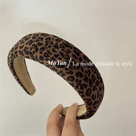 网红爆款高级感复古麂皮绒豹纹发箍百搭宽边海绵头箍女外出压发卡
