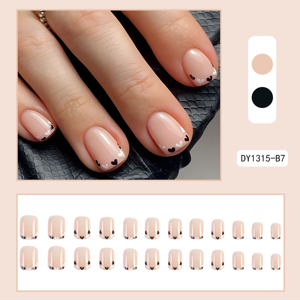 Ventas transfronterizas de polvo desnudo en blanco y negro, cuidado de uñas, dulce y simple, 24 piezas de uñas cortas falsas, parches de uñas falsas