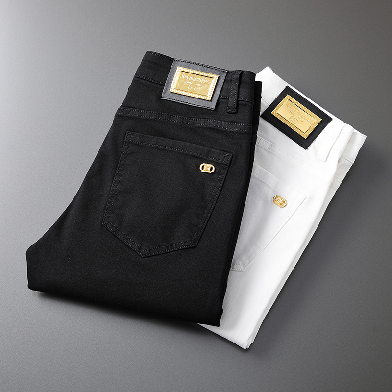 Xintang New embroidered white jeans men's European summer new slim fit skinny stretch casual trousers trendy