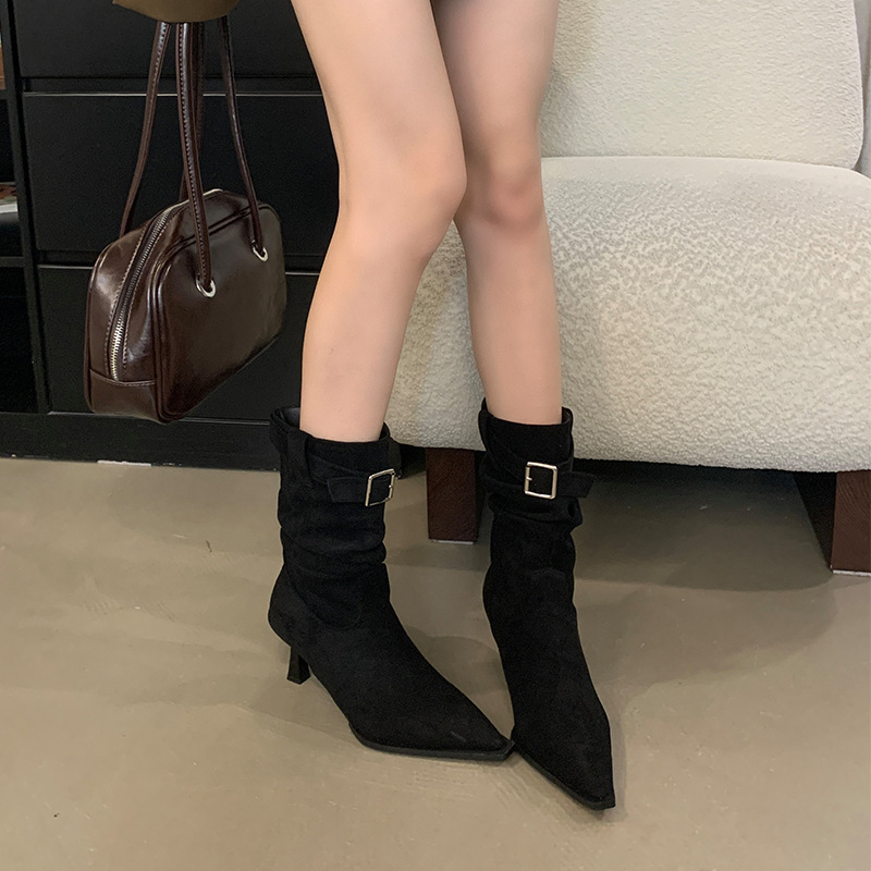 时装靴女2025秋冬新款气质瘦瘦靴豹纹尖头细跟绒面高跟短靴子|undefined