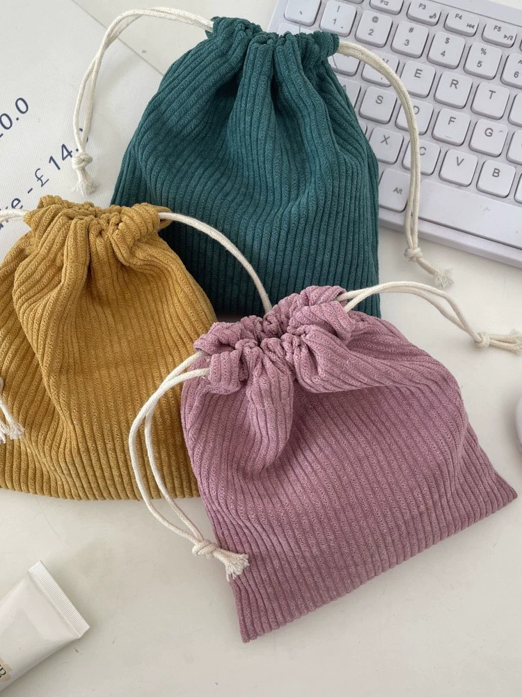 Corduroy Cosmetic Drawstring Bag Set, Handheld 3-Piece Kit — Small/Medium/Large