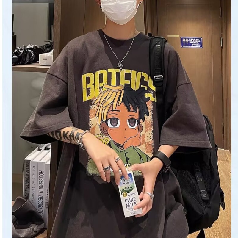 Trendy Cartoon Short-sleeved T-shirt Boys Summer American Retro Fashionable Brand Loose Hip-hop High Street plus size Half-sleeved T-shirt