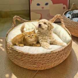 家用草编宠物窝 可爱藤编猫窝带棉垫 保暖可拆洗藤编猫窝