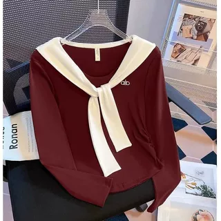 撞色披肩系带刺绣长袖t恤女2026春秋新款修身褶皱短款打底衫上衣