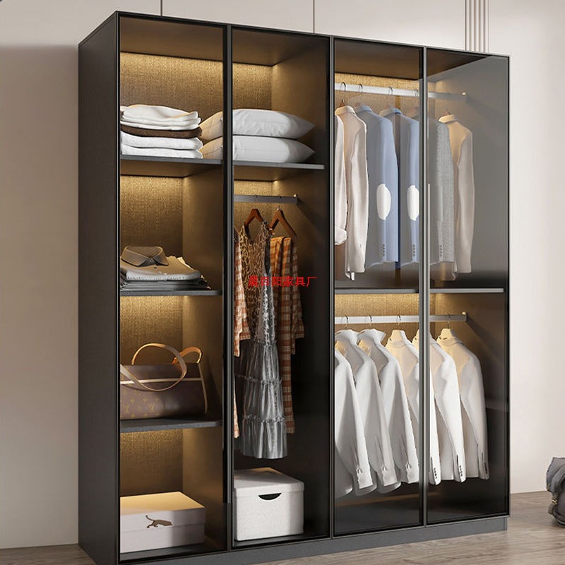 Wardrobe for Home Bedroom, Small Apartment Closet, Simple Modern Light Luxury Storage Cabinet, Rental Room Glass Wardrobe with a Grand Atmosphere
