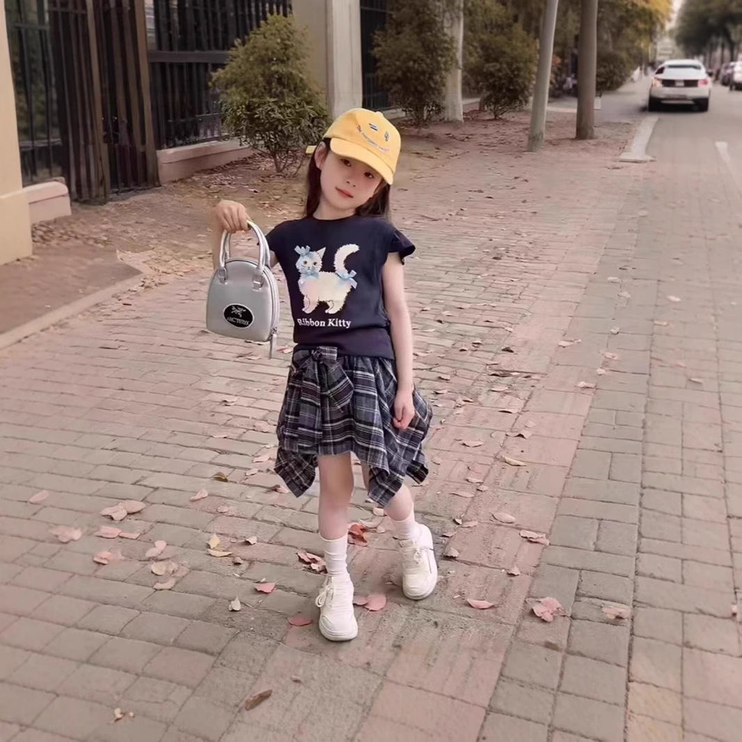 [48H Shipping] Girls' Summer Kitten Cartoon Short-Sleeved Top with Asymmetrical Bow Skirt Two-Piece Set