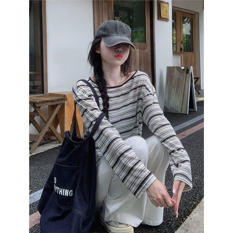 原版贝壳棉韩系小众设计感条纹长袖T恤女秋宽松复古拼色显瘦上衣|undefined