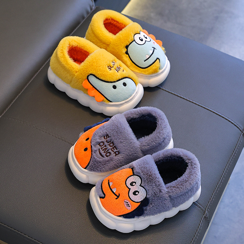 Zapatillas de algodón para niños de invierno caliente con pelusa antideslizante para mujeres dinosaurios niños padres niños niños pequeños bolsas de tacones de algodón para niños