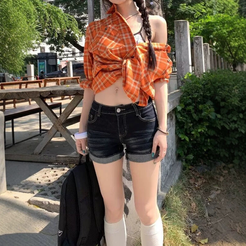 American Retro Sexy Denim Shorts for Women 2026 Summer Low-Waist Elastic Slimming Pear-Shaped Figure Rolled Hem Hot Pants Cotton