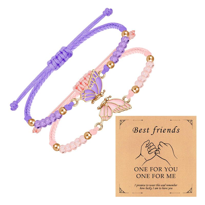 Friendship Butterfly Set Bracelet with Gold Edge, Oil-Drip Butterfly, Crystal, Gold Beads, Braided Bracelet, Butterfly Prismatic Bead Bracelet