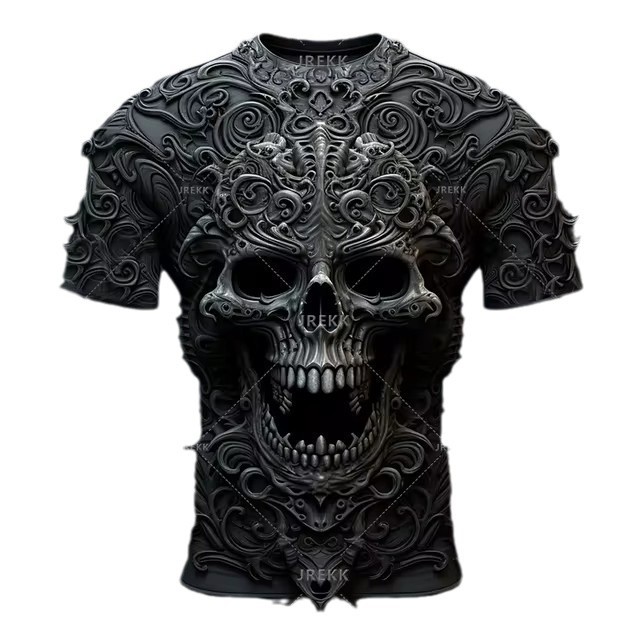 Verano calle todo-fósforo suelto cuello redondo manga corta transpirable camiseta de hombre thriller esqueleto relieve impresión digital 3D