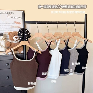 春夏双肩带撞色假两件吊带背心内搭拼色美背内衣露背打底上衣女