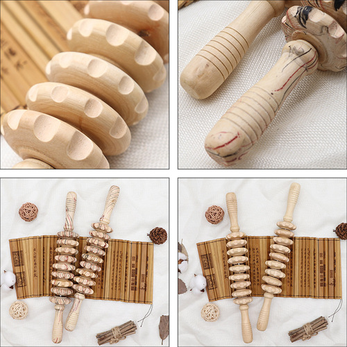 Solid Wood Roller Belly Yoga Massage Stick Wood Grain Nine-Roller Massage Device Abdomen Stomach Back Leg Health Meridian