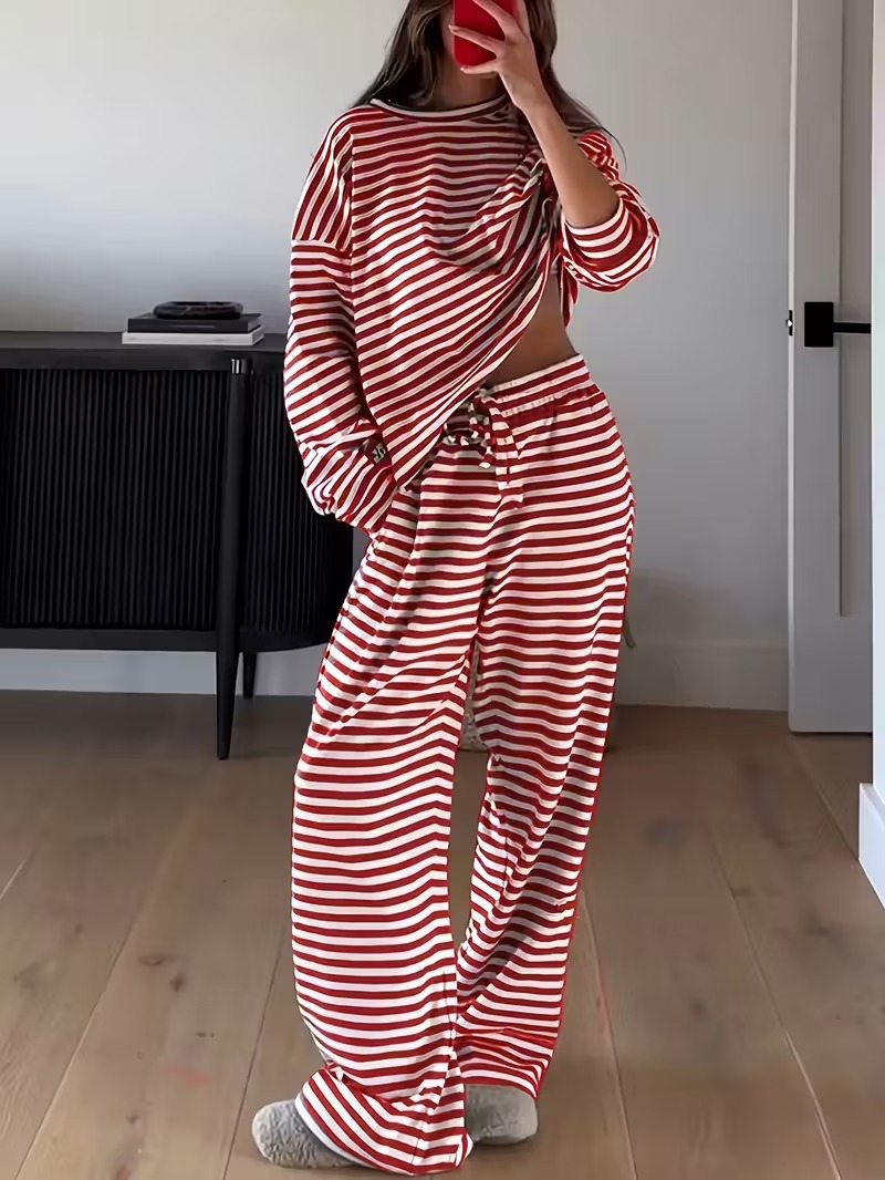 Spring Striped Casual Two-Piece Set: Long-Sleeved Top and High-Waisted Pants