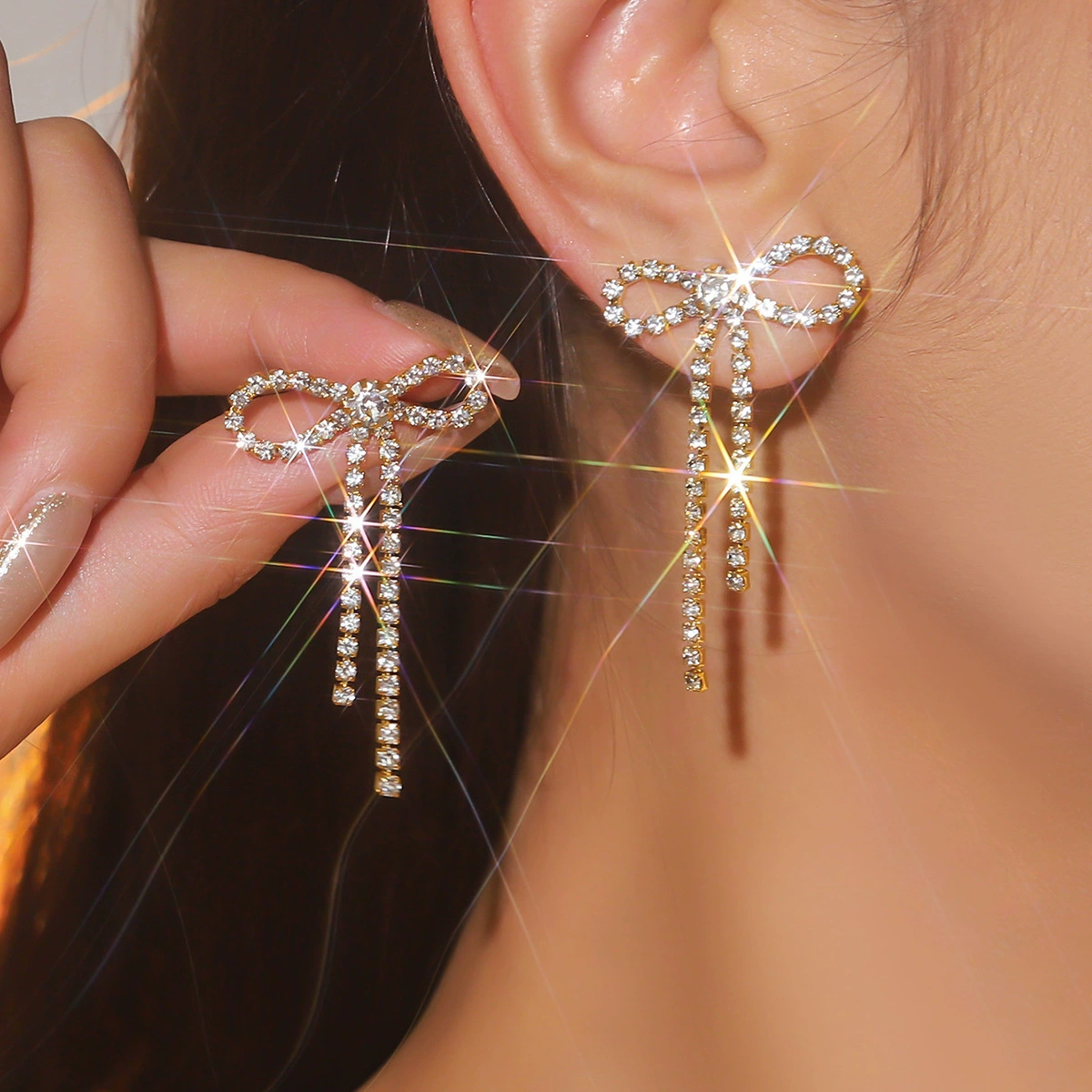 Серьги DINGKA бант с rhinestone, медь с серебряным покрытием, 4.4×2.7 см, 7.3 г