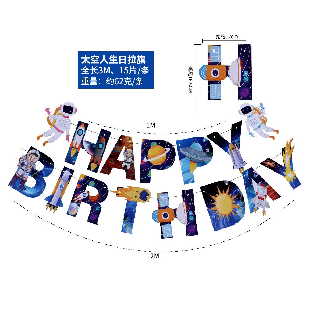 Espacio tema globo niños cumpleaños escena diseño fondo pared decoración astronauta cohete globo traje